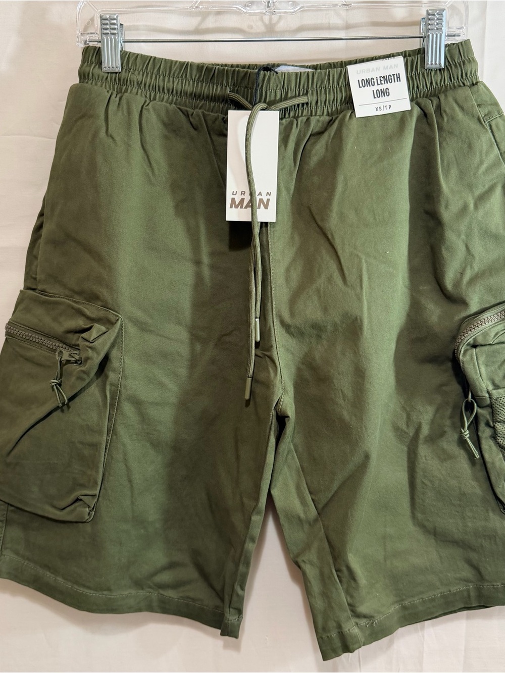 Urban Man Long Length Elastic Waist with Drawstring Cargo Shorts Green